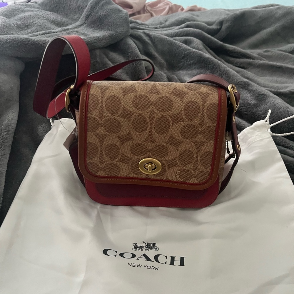 Coach Brown and Red Crossbody Bag with Signature Monogram
